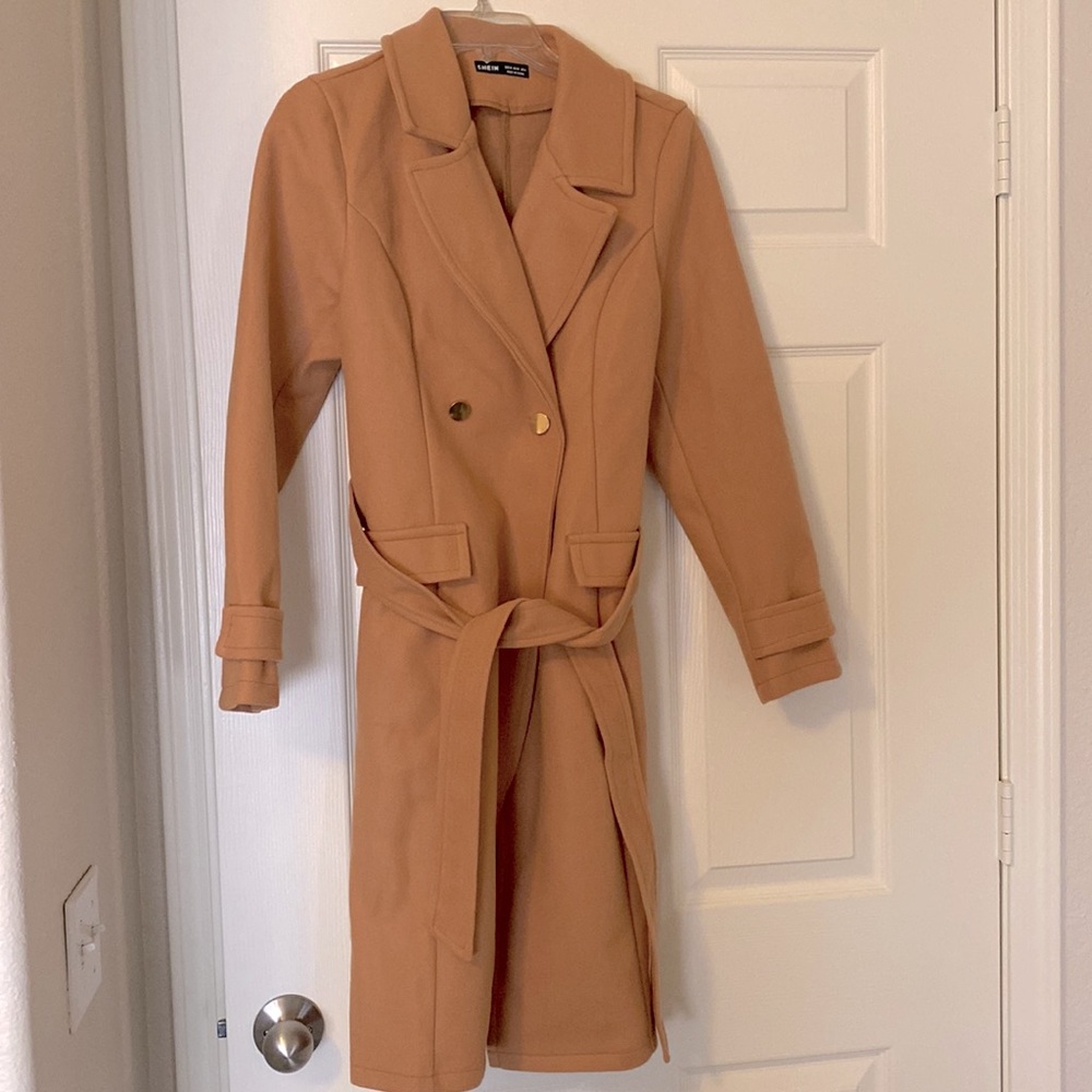 Shein • Camel Wrap Coat w/Faux Pockets, Gold Buttons & Fabric Tie • Medium